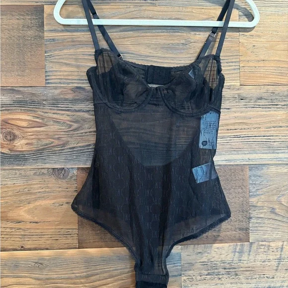 INC International Concepts Black Sheer Monogram Bodysuit - Picture 3 of 7